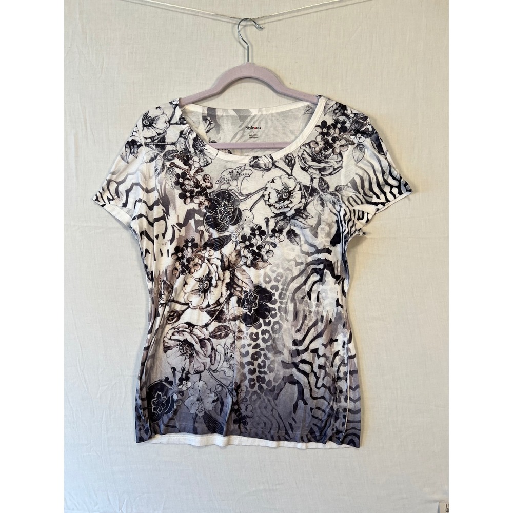 Style & Co Womens Large Mixed Floral Animal Print Rhinestone Scoop Neck Top Gray